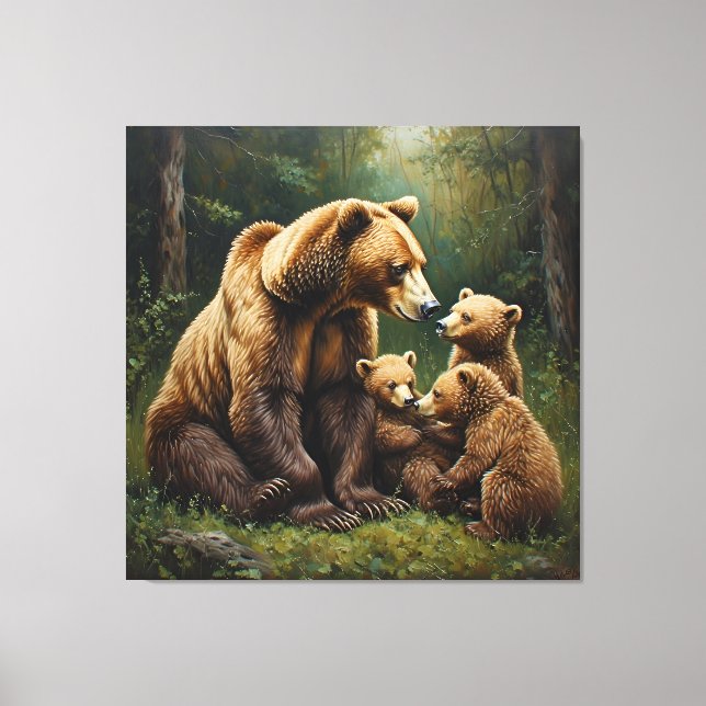 Mother Bear With Cubs in a Forest Setting Canvas Print (Front)