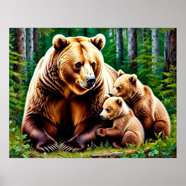 Mother Bear With Cubs in a Forest Setting Poster (Front)
