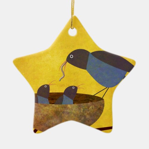 Mother Bird and Babies Ceramic Ornament