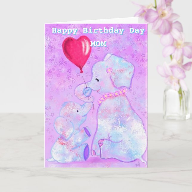 Mother Birthday Card with Elephant Mom and Baby (Orchid)