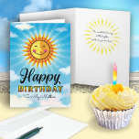 Mother Birthday Cute Sun Card<br><div class="desc">Make your Mother feel special on her birthday by sending her this cheerful smiling decorative Yellow and orange sun floating in the blue sky with clouds. Inside text says "The sun started shining just a little brighter on the day you were born."</div>