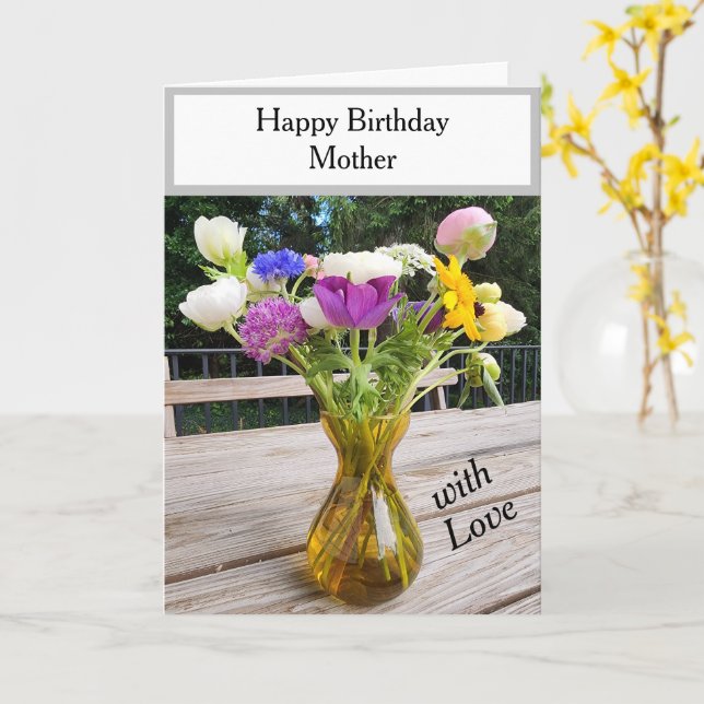 Mother Birthday Flowers Watercolor Stripes Card (Yellow Flower)