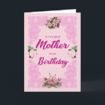 Mother Birthday with Pink Roses Card<br><div class="desc">A pretty birthday card for a mother. An elegant tracery in pink sets of the four pink roses. The background is a pale pink pattern of flowers. A lovely card to send to a mother on her birthday.</div>