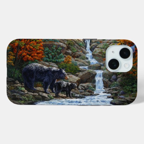 Mother Black Bear  Cub by Waterfall iPhone 15 Case