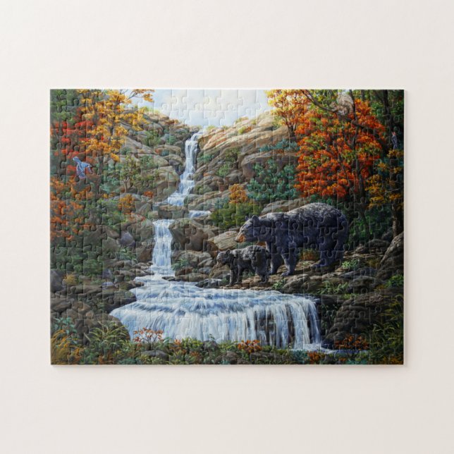 Mother Black Bear & Cub by Waterfall Jigsaw Puzzle (Horizontal)