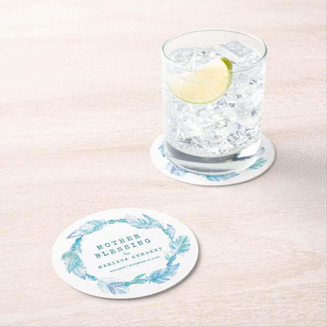 Mother Blessing beads feathers boho teal aqua Round Paper Coaster (Insitu)