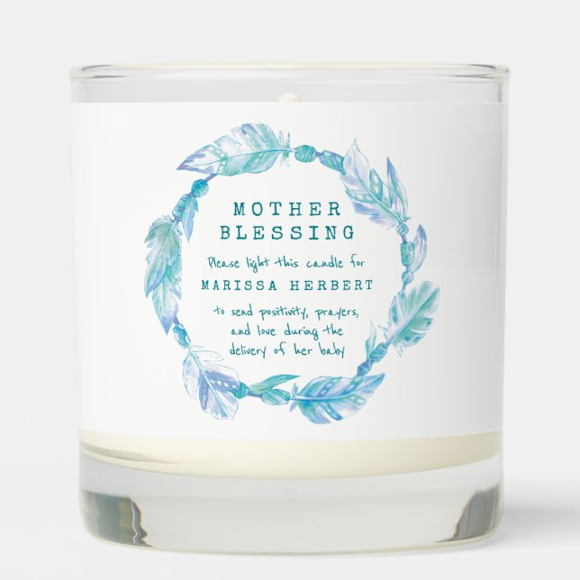 Mother blessing feather and beads aqua custom scented candle (Front)
