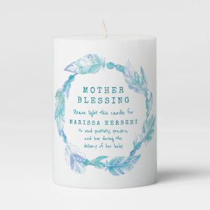 Mother blessing feather and beads aqua teal pillar candle