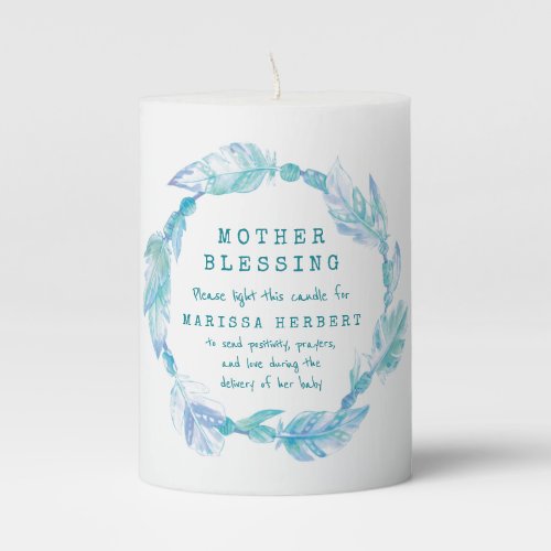 Mother blessing feather and beads aqua teal pillar pillar candle