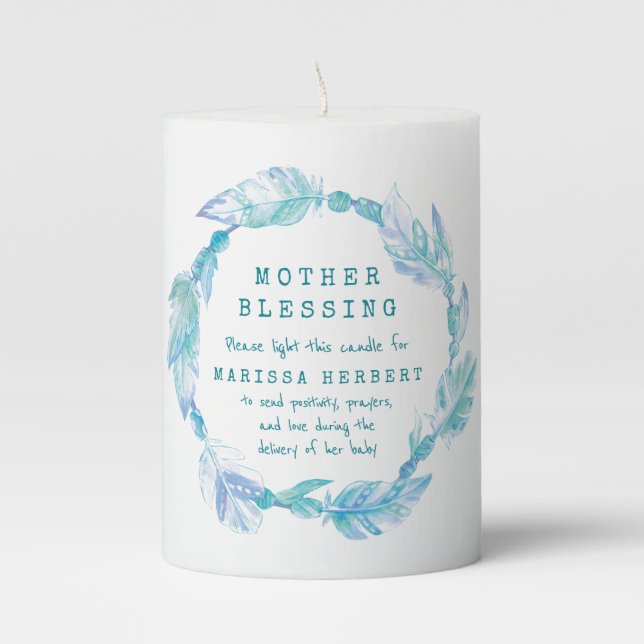 Mother blessing feather and beads aqua teal pillar pillar candle (Front)