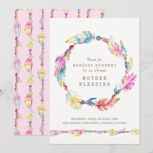 Mother blessing feather and beads colorful art invitation (Front/Back)