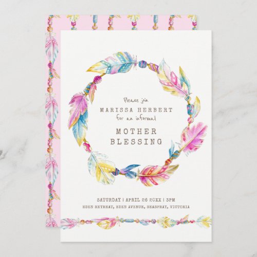 Mother blessing feather and beads colorful art invitation