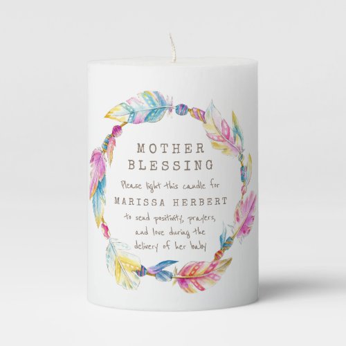 Mother blessing feather and beads pink custom pillar candle