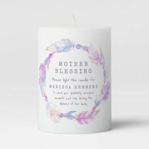 Mother blessing feather and beads purple custom pillar candle