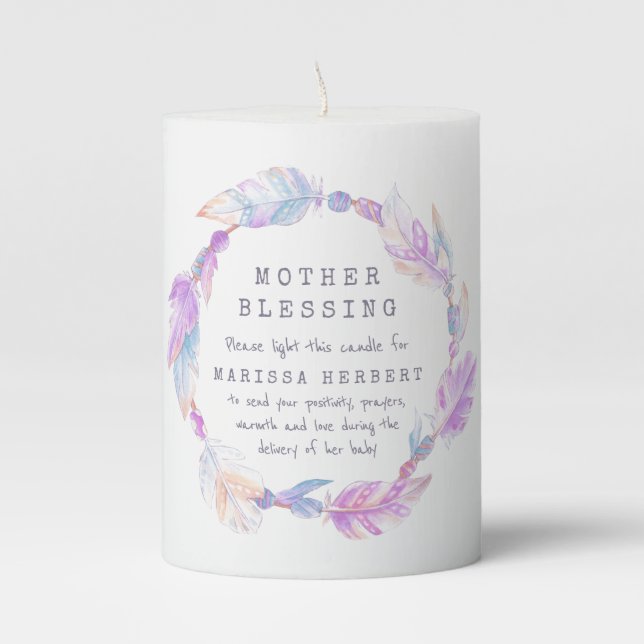 Mother blessing feather and beads purple custom pillar candle (Front)