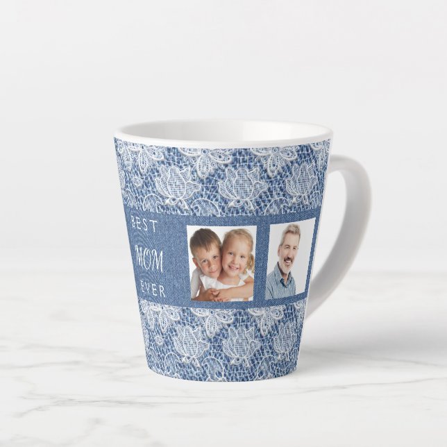 Mother blue denim lace photo collage latte mug (Right Angle)