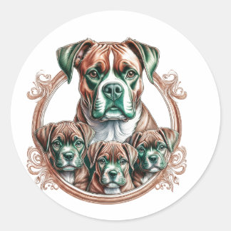 Mother Boxer And Her 3 Pups Classic Round Sticker