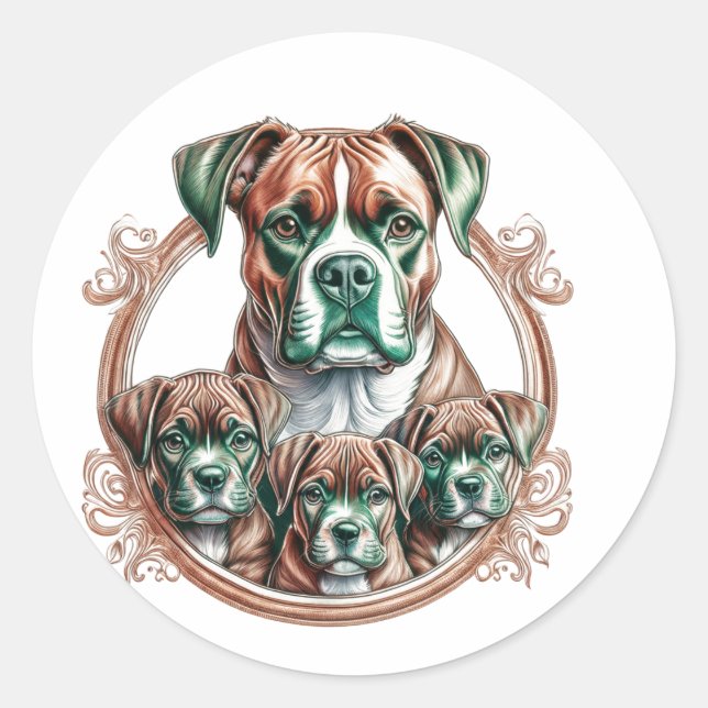 Mother Boxer And Her 3 Pups Classic Round Sticker (Front)