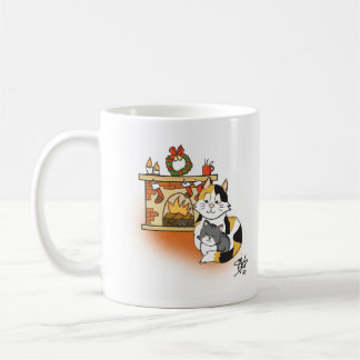 Mother Cat and Kitten Cozy Fireplace Christmas Coffee Mug