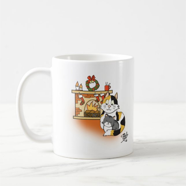 Mother Cat and Kitten Cozy Fireplace Christmas Coffee Mug (Left)