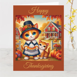 Mother Cat and Kitten Enjoy Thanksgiving Card