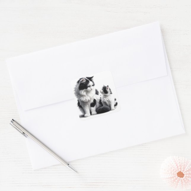 Mother Cat and Kitten On White Square Sticker (Envelope)