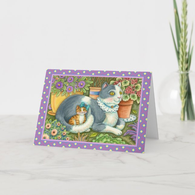 MOTHER CAT AND KITTEN, POTTED FLOWERS, BOWS & LACE HOLIDAY CARD (Front)