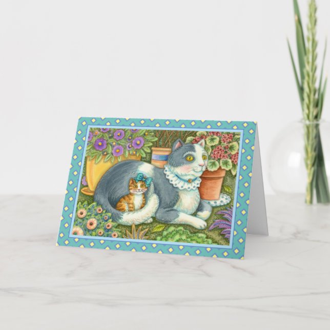 MOTHER CAT AND KITTEN, POTTED FLOWERS, BOWS & LACE HOLIDAY CARD (Front)