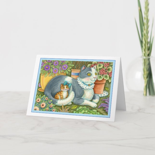 MOTHER CAT AND KITTEN, POTTED FLOWERS, BOWS & LACE HOLIDAY CARD (Front)
