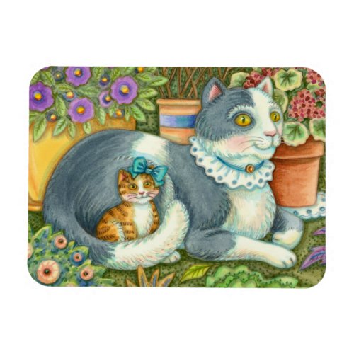 MOTHER CAT AND KITTEN POTTED FLOWERS BOWS  LACE MAGNET
