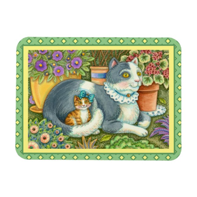 MOTHER CAT AND KITTEN, POTTED FLOWERS, BOWS & LACE MAGNET (Horizontal)