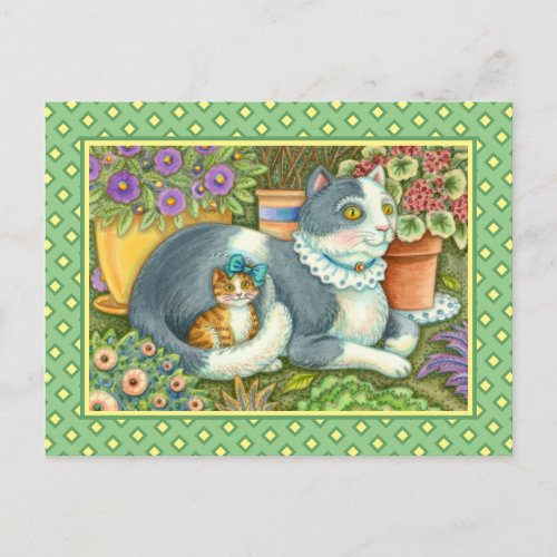 MOTHER CAT AND KITTEN POTTED FLOWERS BOWS  LACE POSTCARD