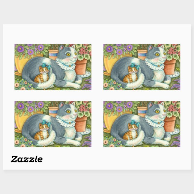 MOTHER CAT AND KITTEN, POTTED FLOWERS, BOWS & LACE RECTANGULAR STICKER (Sheet)