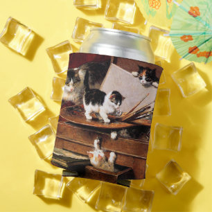 Mother Cat and Kittens on Table Can Cooler
