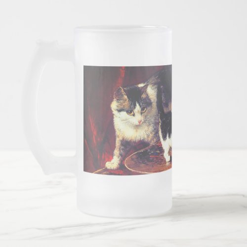 Mother Cat and Kittens on Table Frosted Glass Beer Mug