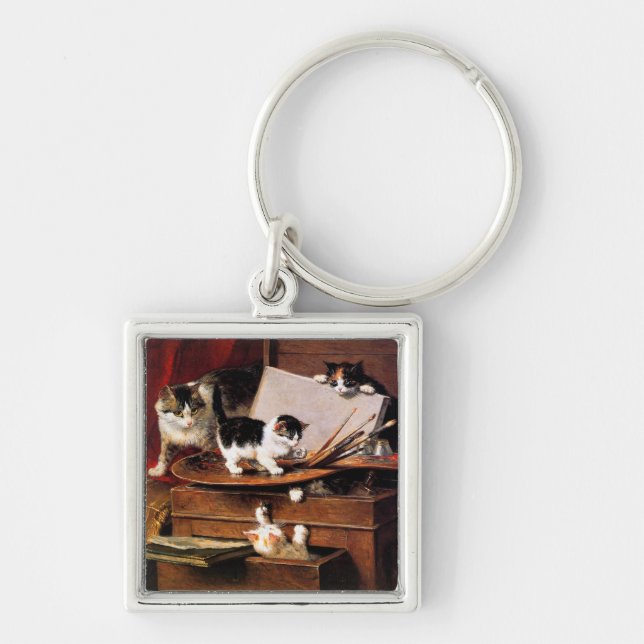 Mother Cat and Kittens on Table Keychain (Front)