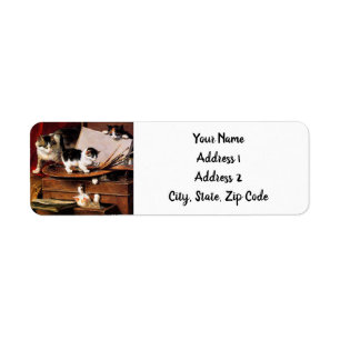 Mother Cat and Kittens on Table Label
