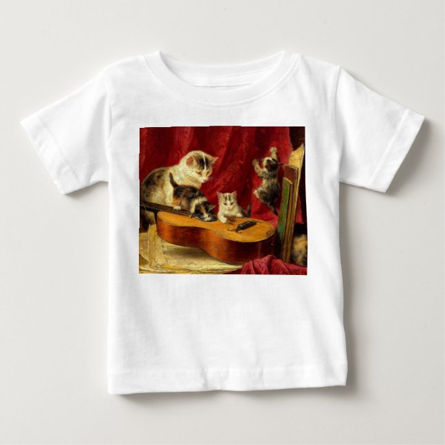 Mother Cat and Kittens Playing with Guitar Baby T-Shirt (Front)