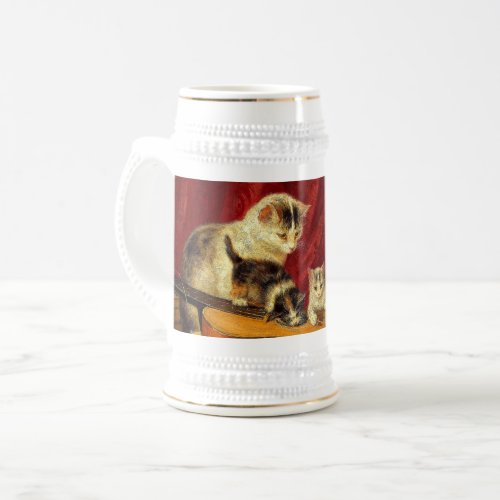 Mother Cat and Kittens Playing with Guitar Beer Stein