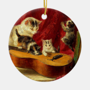 Mother Cat and Kittens Playing with Guitar Ceramic Ornament