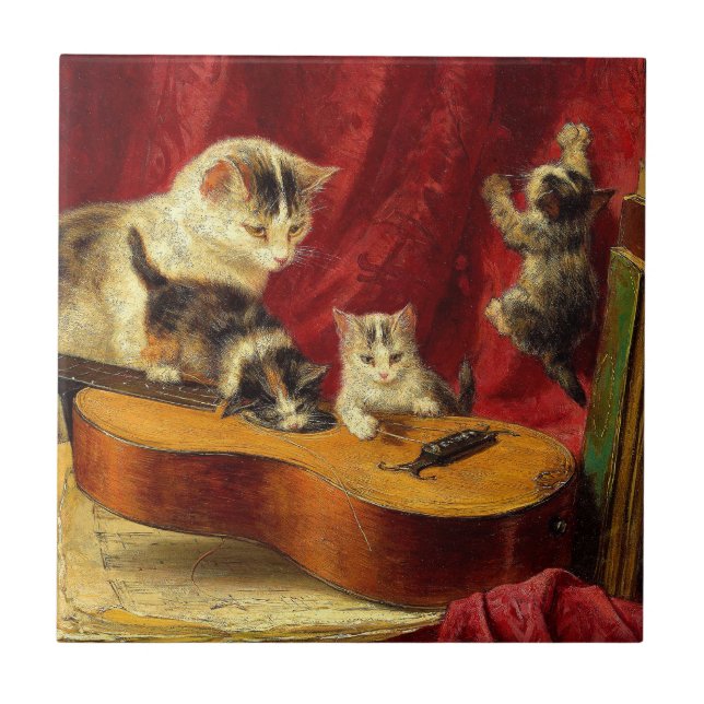 Mother Cat and Kittens Playing with Guitar Ceramic Tile (Front)