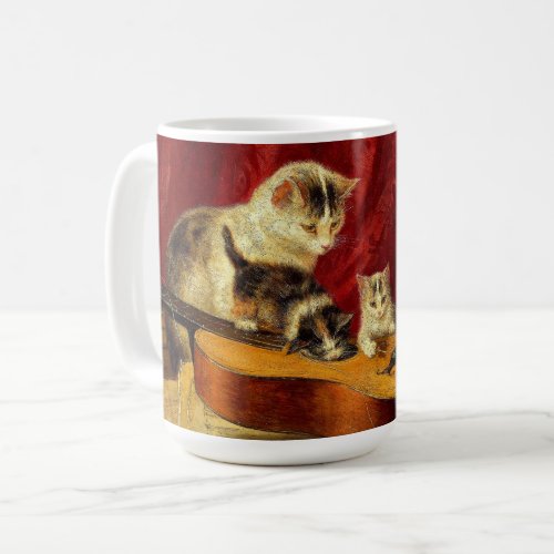 Mother Cat and Kittens Playing with Guitar Coffee Mug