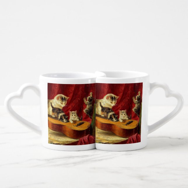 Mother Cat and Kittens Playing with Guitar Coffee Mug Set (Front Nesting)