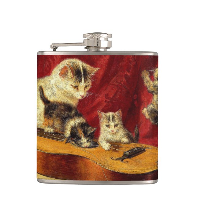 Mother Cat and Kittens Playing with Guitar Flask (Front)