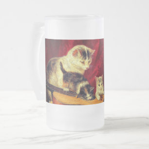 Mother Cat and Kittens Playing with Guitar Frosted Glass Beer Mug