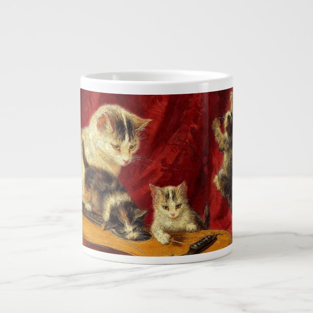 Mother Cat and Kittens Playing with Guitar Giant Coffee Mug (Front)