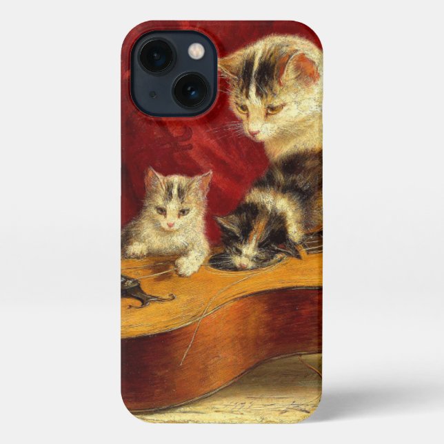 Mother Cat and Kittens Playing with Guitar iPhone Case (Back)