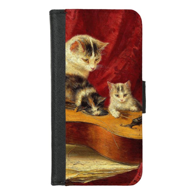 Mother Cat and Kittens Playing with Guitar iPhone Wallet Case (Front)