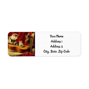 Mother Cat and Kittens Playing with Guitar Label