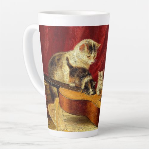 Mother Cat and Kittens Playing with Guitar Latte Mug